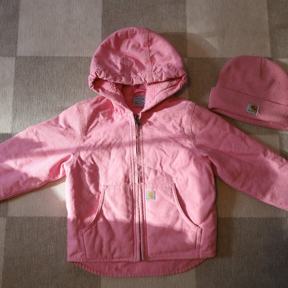 Carhartt Girls Size 4 / 5 Pink Winter Coat and Matching Beanie